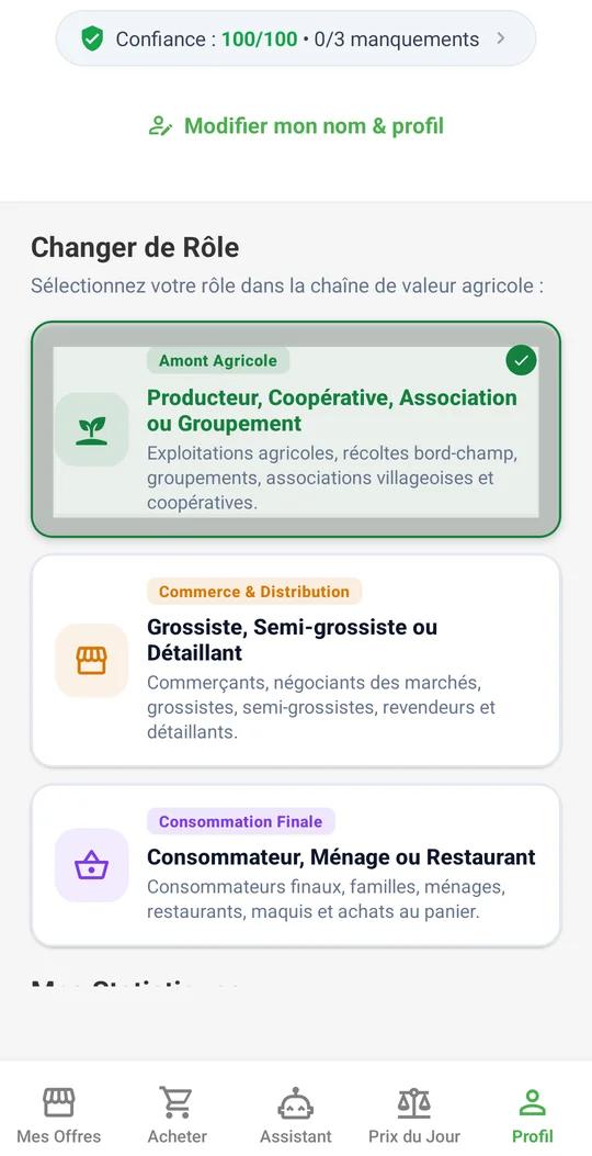 Écran « Changer de rôle » : producteur, grossiste ou consommateur