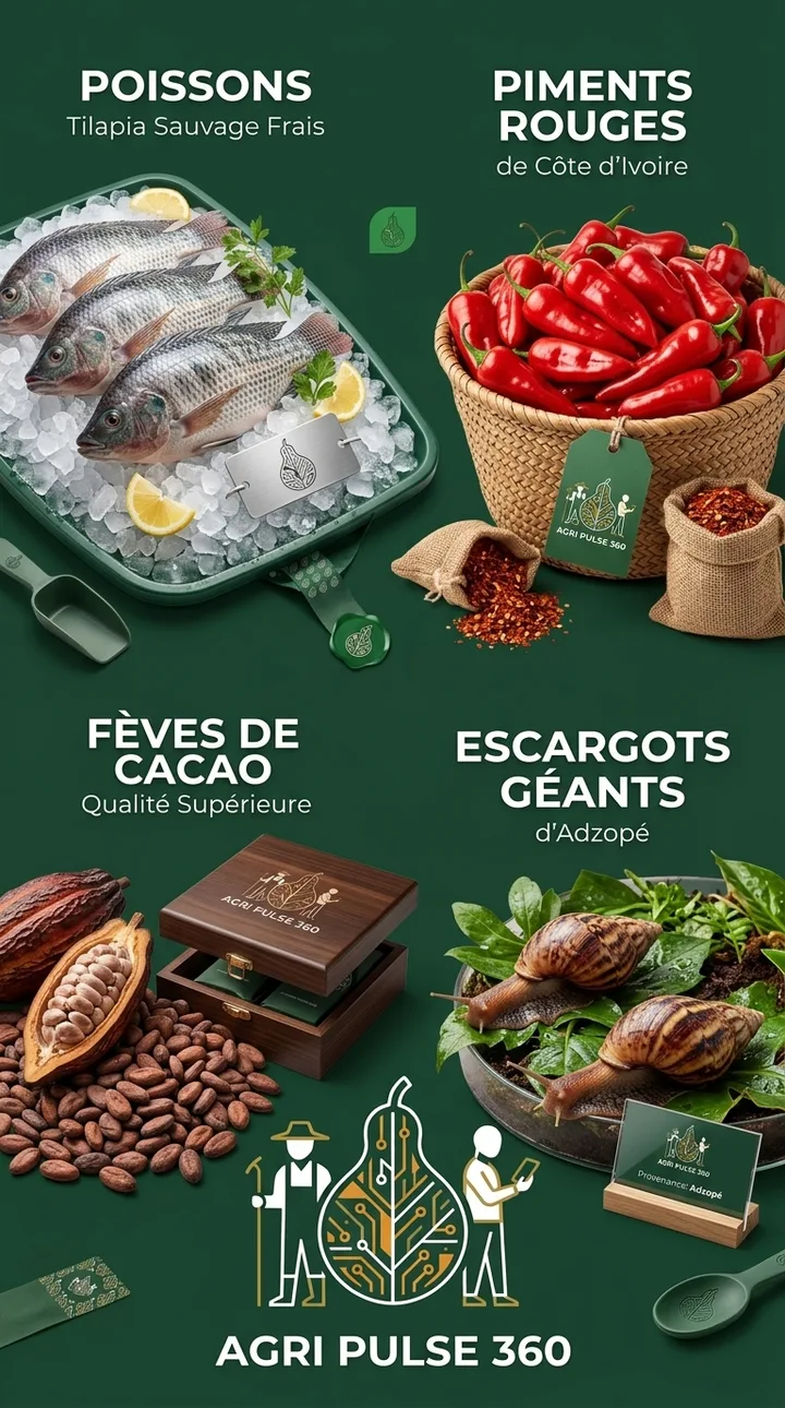 Poissons, piments rouges, fèves de cacao et escargots géants d'Adzopé